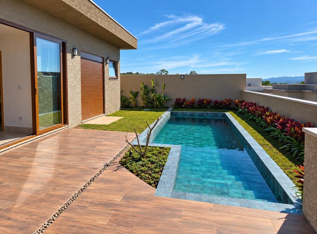 Piscina e deck da casa térrea no Condomínio Alto do Sion, Atibaia