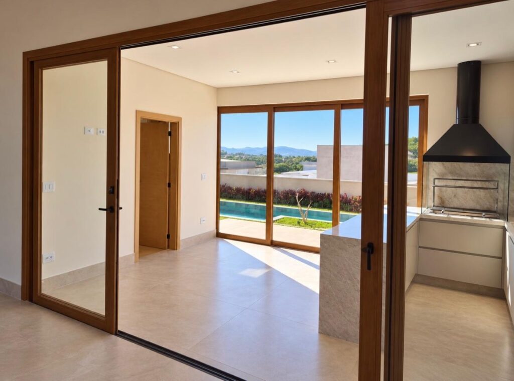 Sala integrada com vista para a piscina da casa térrea no Condomínio Alto do Sion, Atibaia