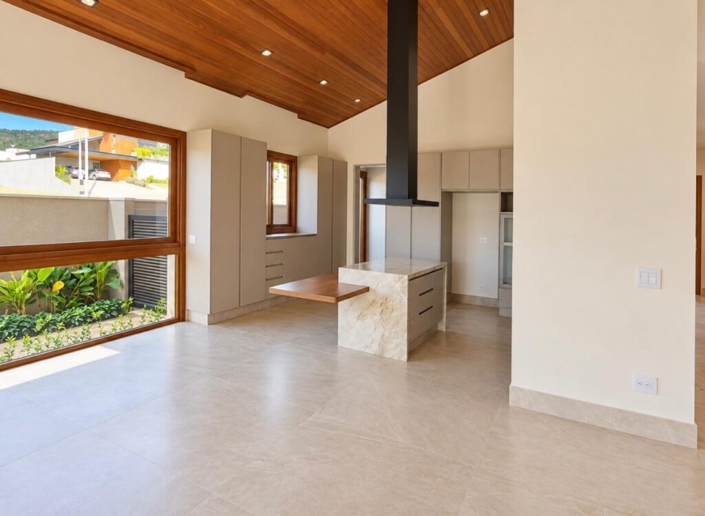 Sala e cozinha integradas com pé-direito em madeira da casa térrea no Condomínio Alto do Sion, Atibaia
