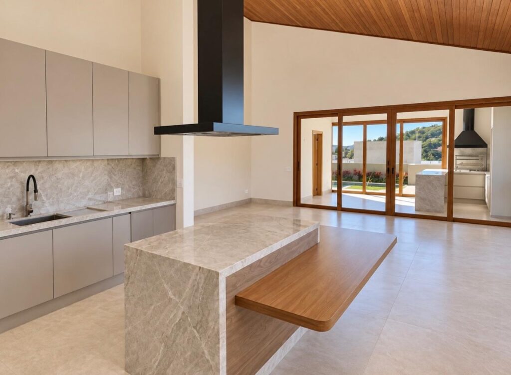 Ilha da cozinha com bancada em madeira da casa térrea no Condomínio Alto do Sion, Atibaia
