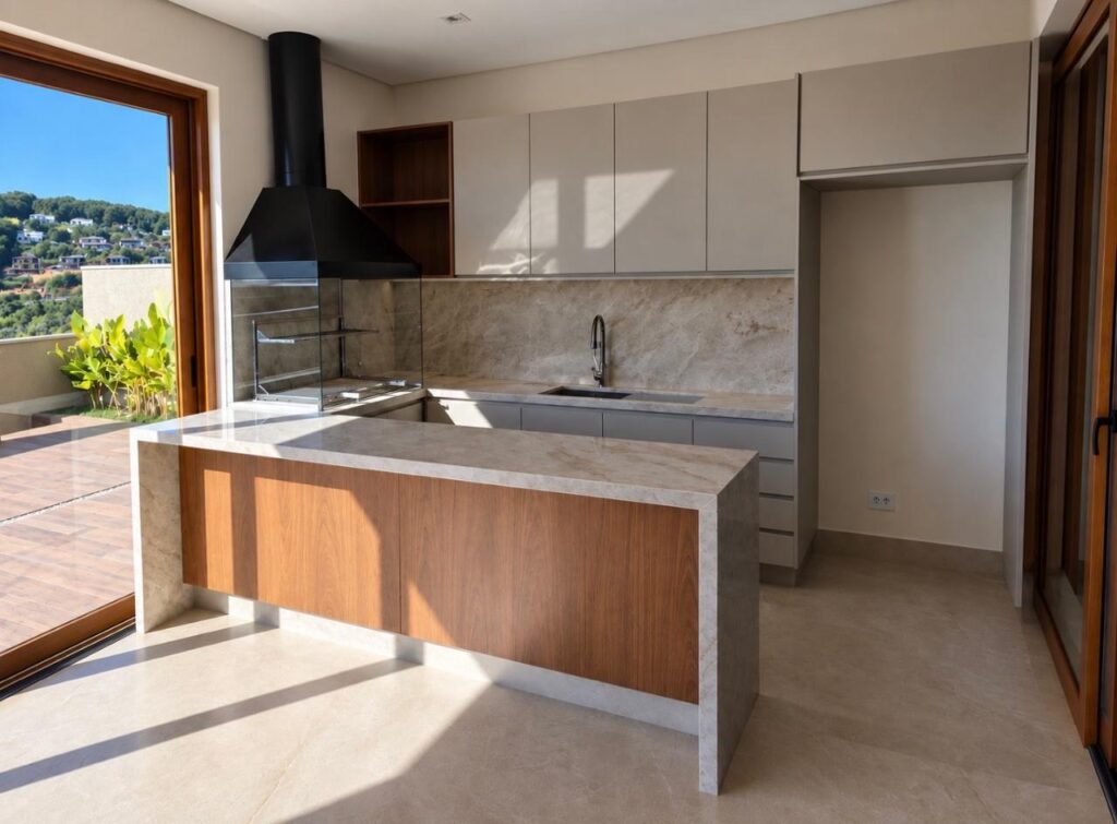 Cozinha planejada da área gourmet da casa térrea no Condomínio Alto do Sion, Atibaia