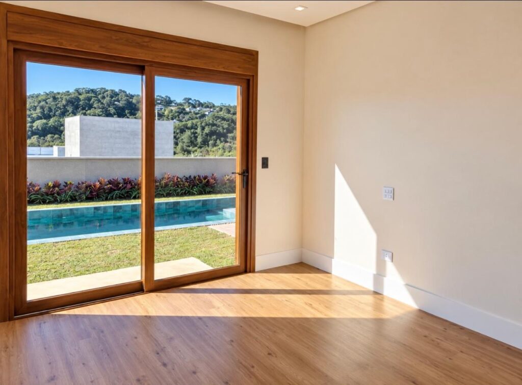 Suíte com vista para a piscina da casa térrea no Condomínio Alto do Sion, Atibaia