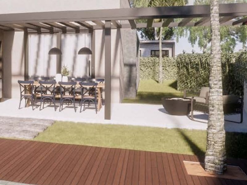 Área gourmet com pergolado e churrasqueira das casas do Residencial Pitangueiras