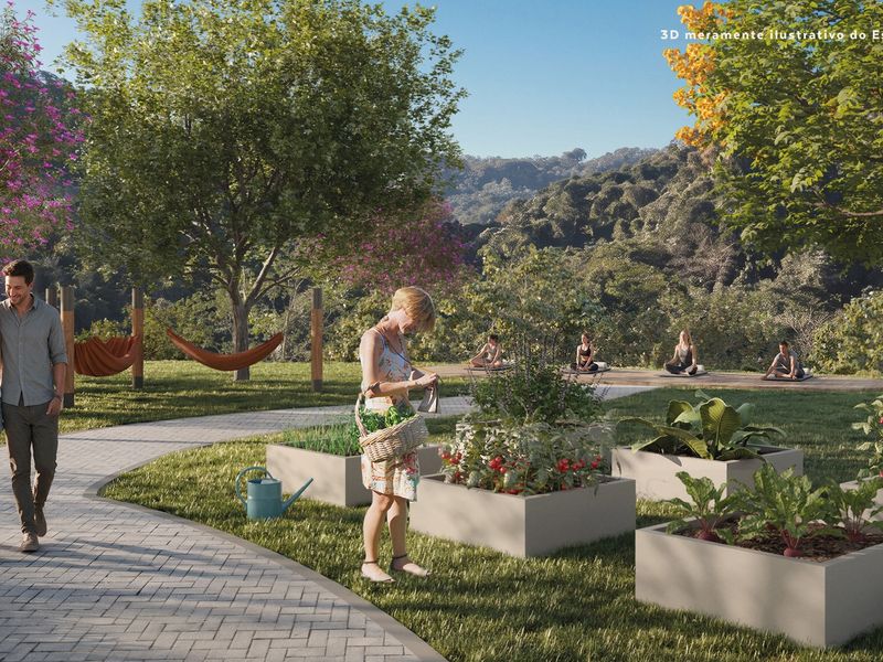 Espaço zen com horta comunitária, redário e deck no Senses Atibaia