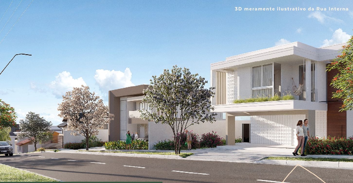 Rua interna do loteamento Senses Atibaia com casas de arquitetura contemporânea